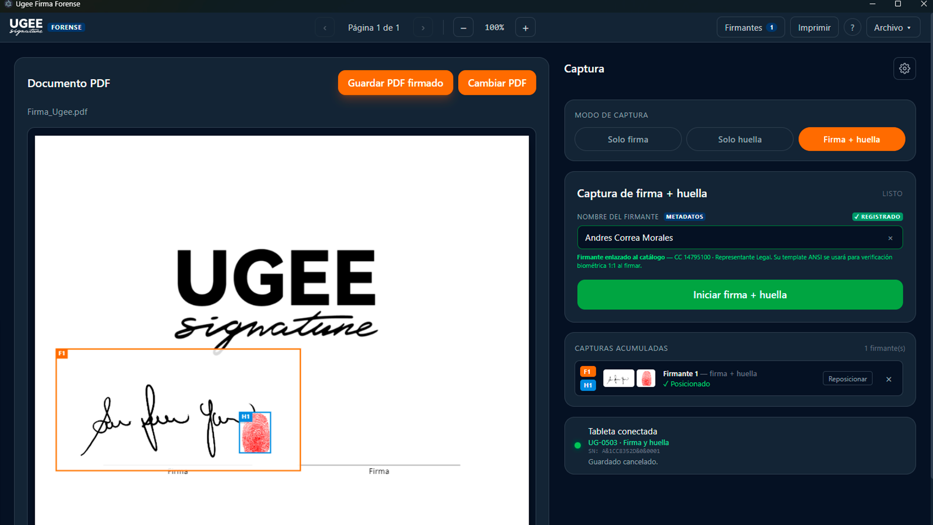 Software Ugee Firma Forense — verificación biométrica sobre PDF
